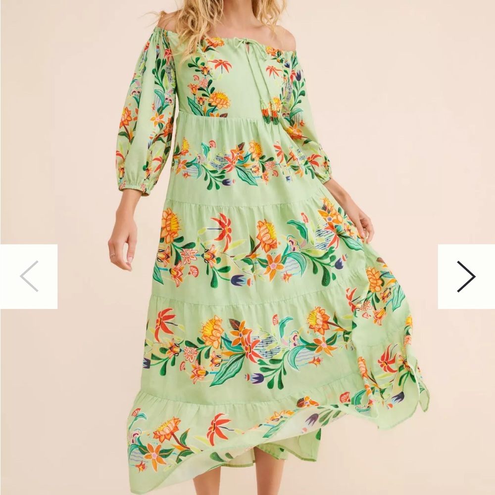 FARM Rio Green Floral Off the Shoulder  Midi Dress